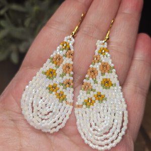 Handmade Beaded Cascading Floral Looped Fringe Earrings in Yellow